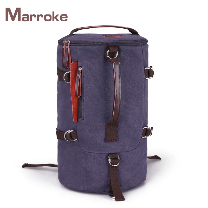Marroke Outdoor Cylinder Shape Sport Cotton Canvas Waterproof Leisure Duffle Travel Backpack Bag