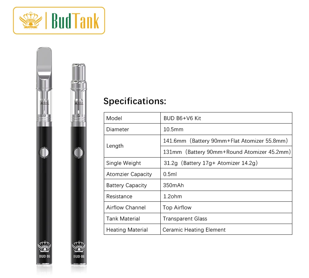 New Item CBD Vape Pen  BUD-B6-V6 Ceramic Heating Element Cartridge E Cigarette