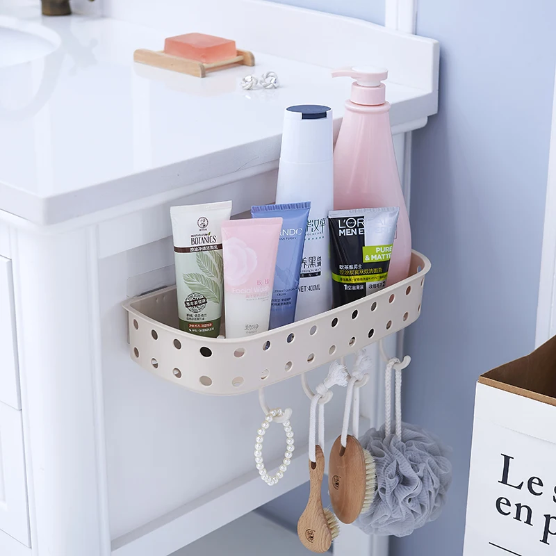 Adhesive Wall Mounted kitchen bathroom sundries storage Plastic hanging shelf