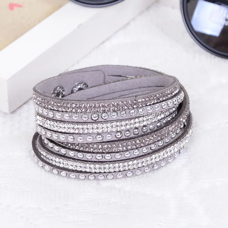 
Double wrap leather bracelet with crystal rhinestone for women 