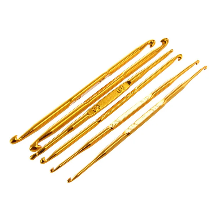 6Pcs/pvc bag Size 2.0-7.0mm Golden Aluminum Knitting Needle Double End Crochet Hook