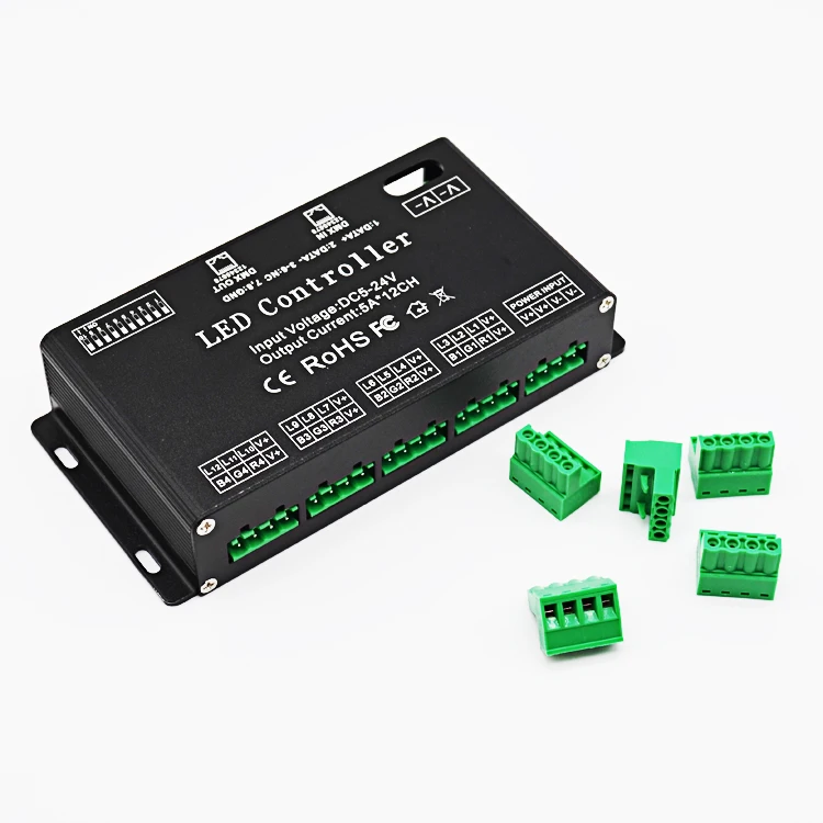 
12 Channel LED DMX512 1990 Constant Decoder 5VDC to 24VDC 5A per Channel PWM Output signal RJ45 