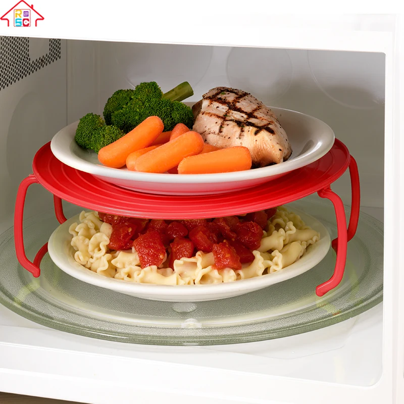 Multifunction Plastic Foldable Microwave Tray,Steam Rack Oven Bowls Plates Holder Shelf Kitchen Tool