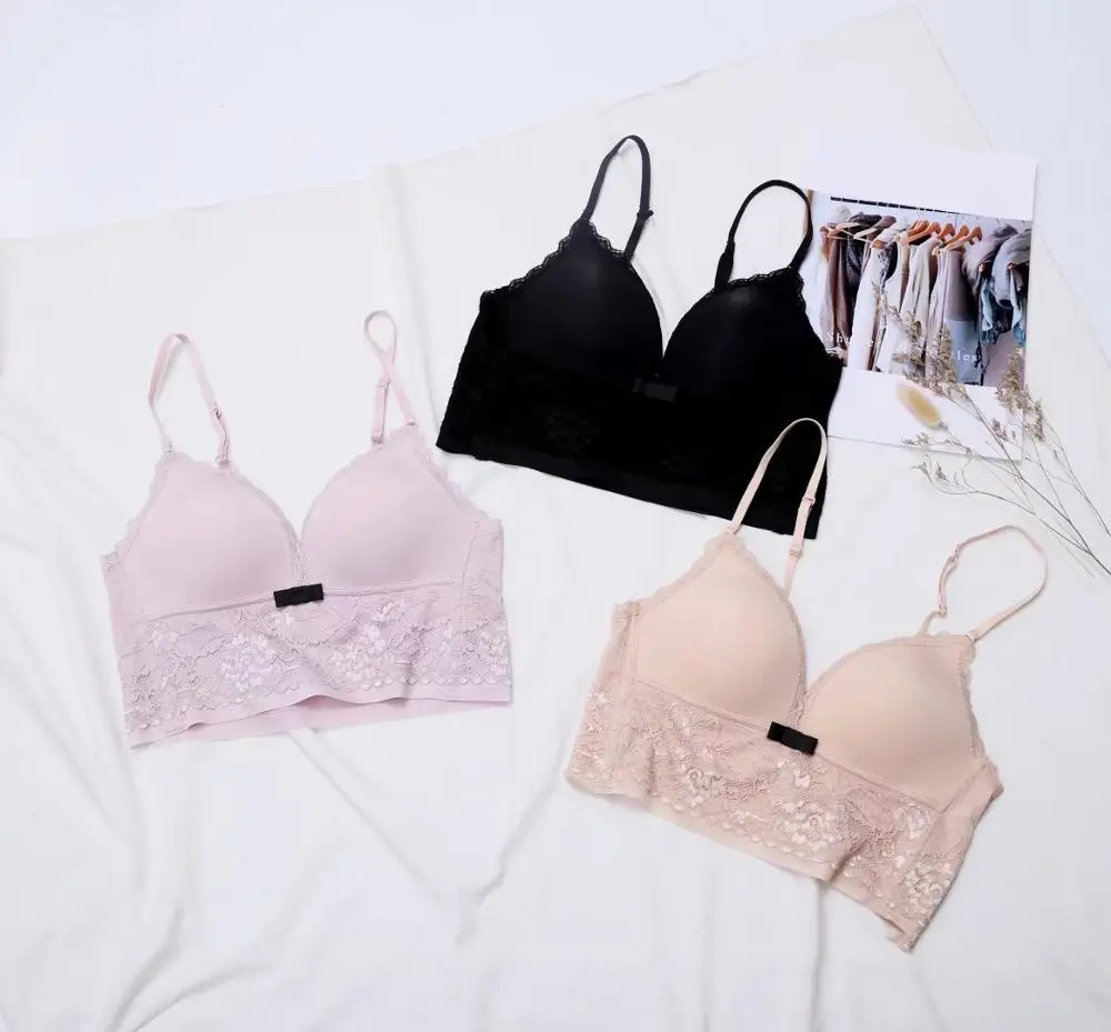 Women Transparent Lace Hollow Charming Sweet Deep V Cropped Brassiere Set