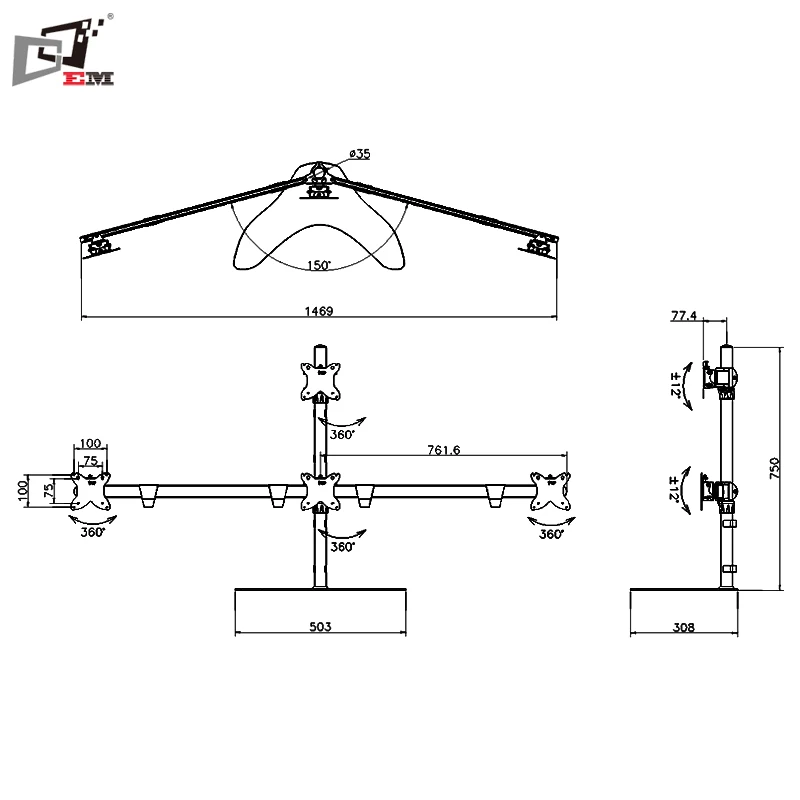 Free Standing Aluminum LCD Monitor Arm Stand Quad Monitor Mount With Triangle Base Plate
