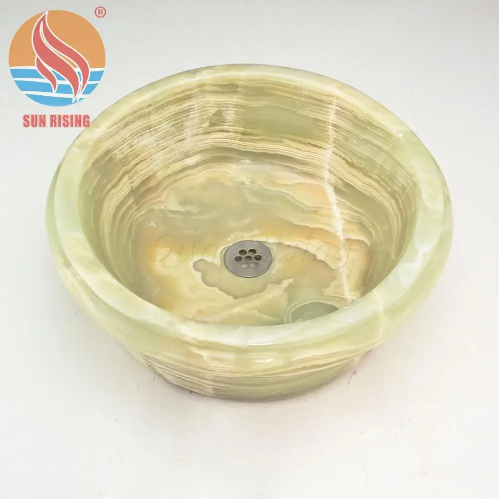 Highly Polished Natural Stone Marble Green Onyx Bathroom Vessel Sinks Round Stone Basin