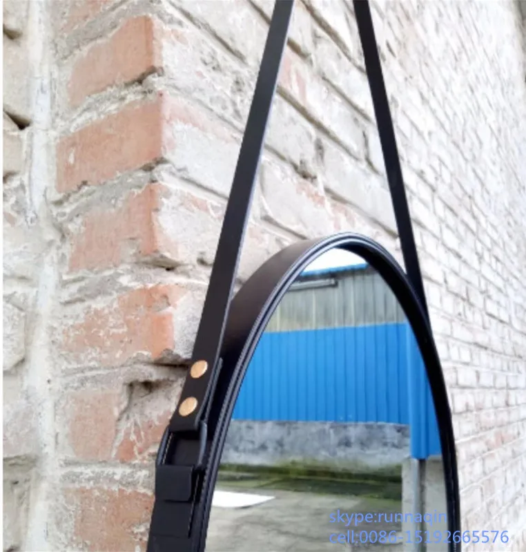 China manufacturer wall decorative mirror with black frame round metal framed mirror with leather strap 50x50 55cmx55cm 60x60cm