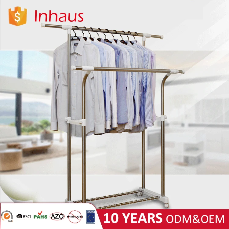 Double pole stainless steel adjustable height foldable clothes hanger With Shelf