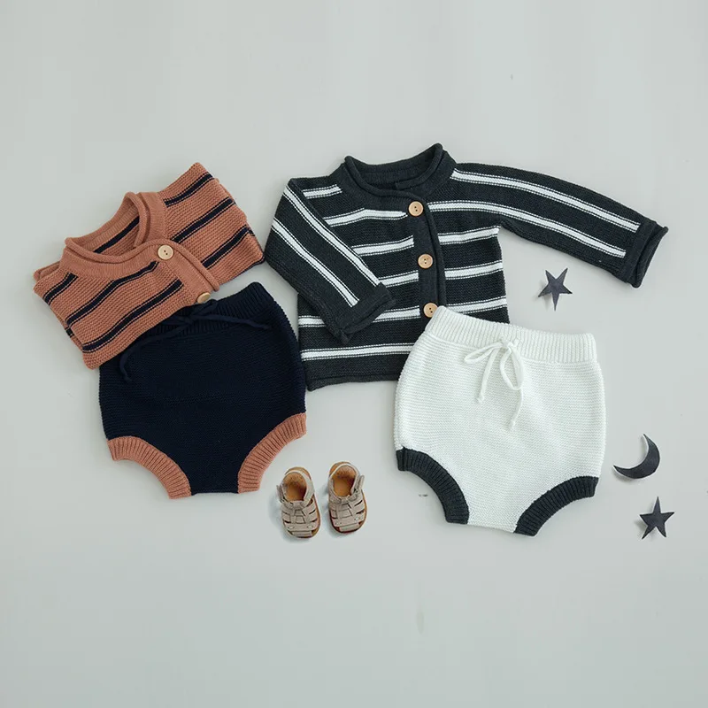 Spring knitted striped design baby outfits top sweater cardigan and trousers children clothes suit