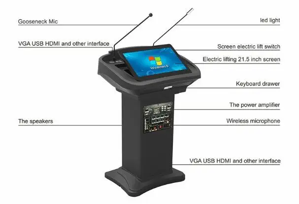 Podium with Speaker Amplifier Wireless Microphone Touch AIO PC Smart Podium