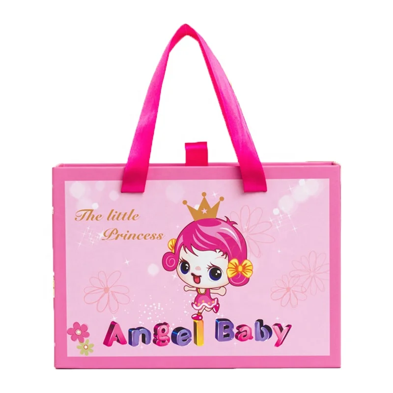 Manufacture custom pink baby gift box with ribbon handle