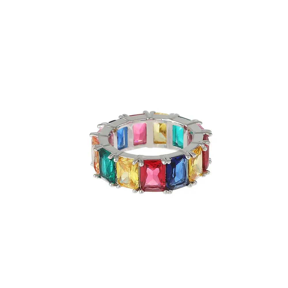 High Quality CZ Rainbow Baguette Ring Zirconia Diamond Ring Gold Plated Women Men Rappers Jewelry