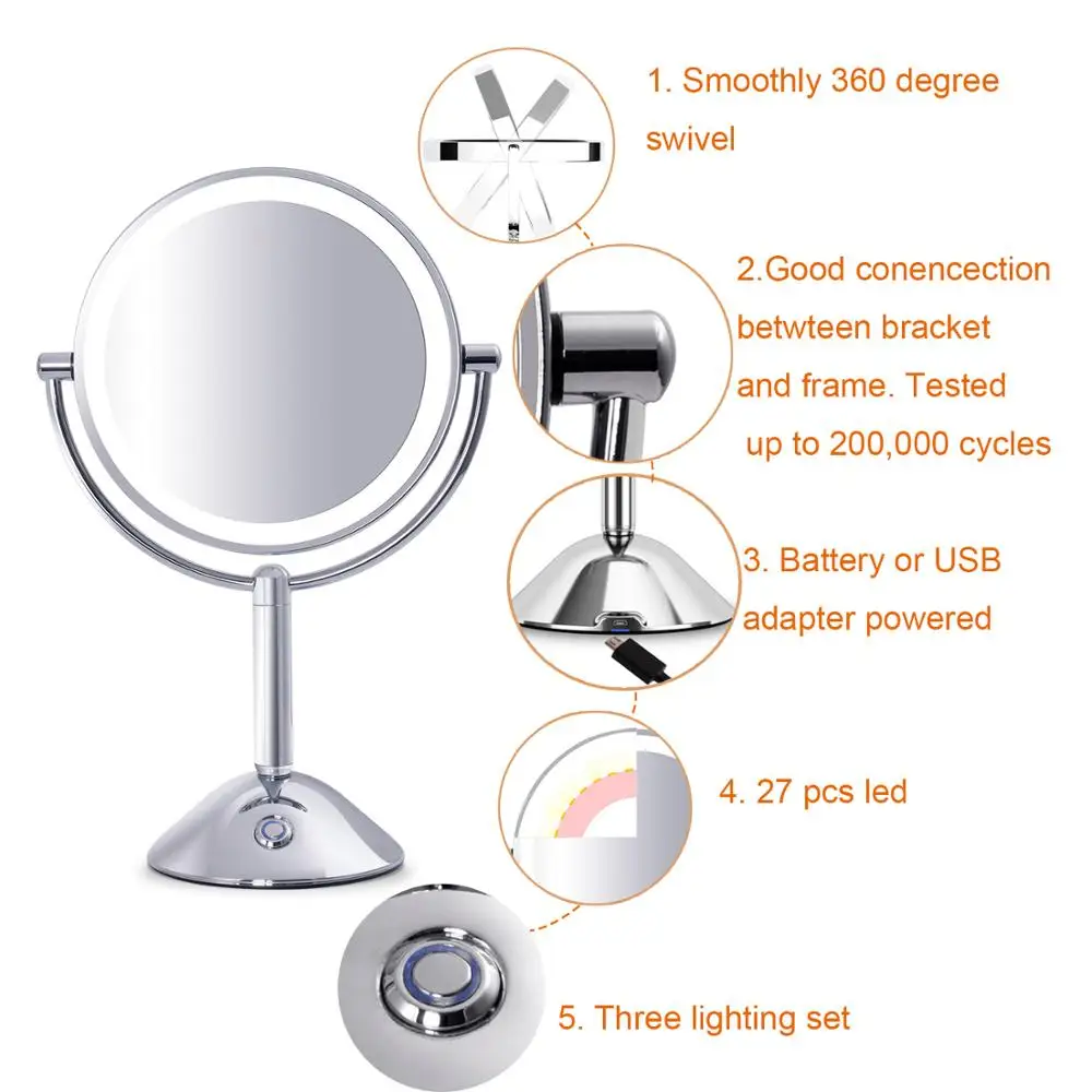 Iron Chrome Plated Double Sided 10X Magnifying Illuminated Pedestal Mirror For Makeup Vanity