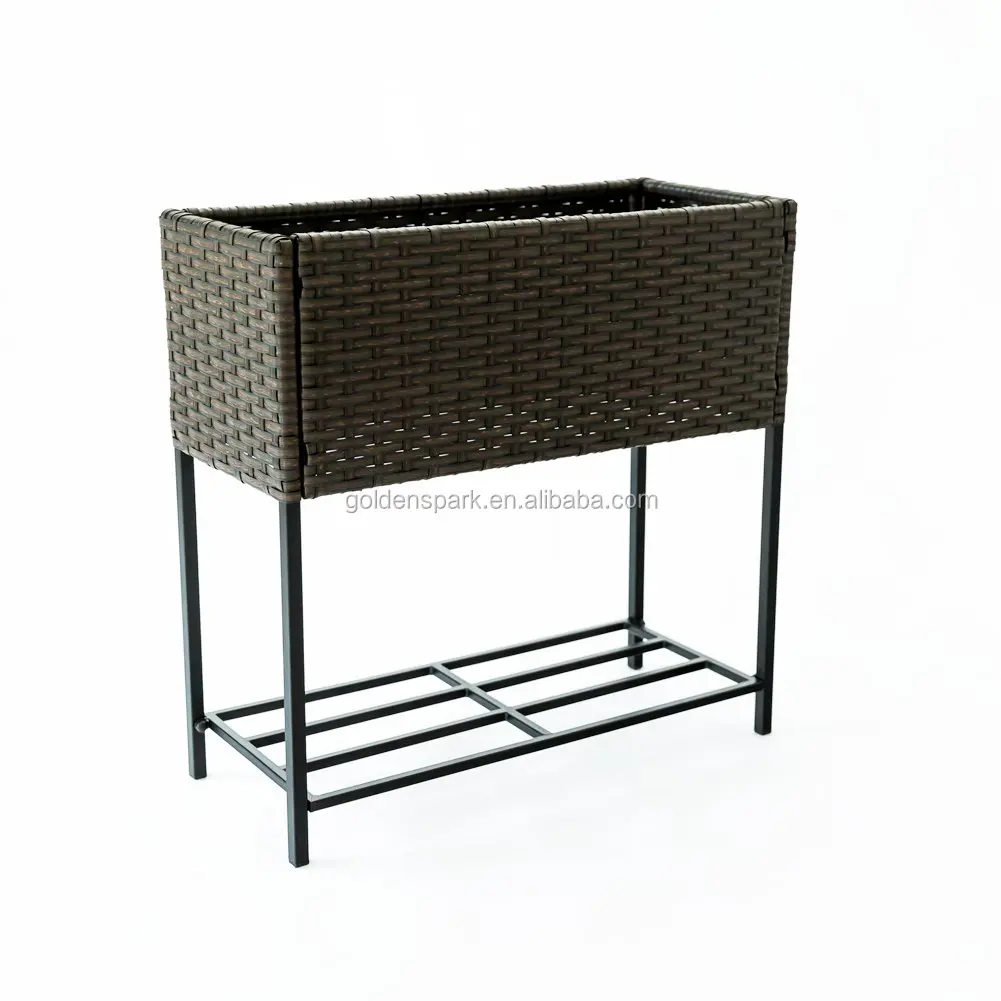 Wicker Plant Stand Indoor Outdoor Raised Rectangular Planter Box, Elevated Flower Pot Stand Holder with Shelf, Black Metal Frame