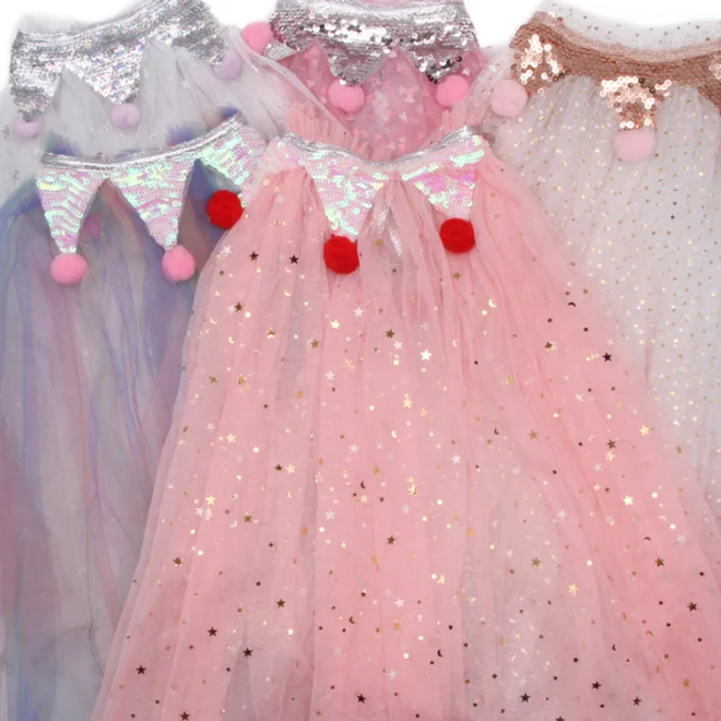 
KS0599 Glitter sequin design girls cloak party wear tulle girls cape with pom pom 
