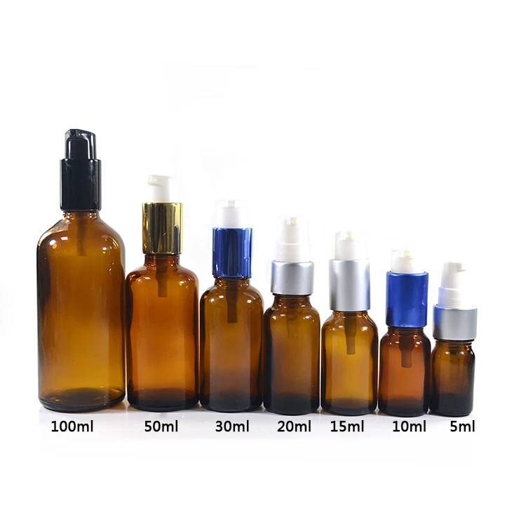 5ml 10ml 15ml 20ml 30ml 50ml 60ml 100ml 120ml clear amber green blue glass cosmetic bottle with lotion pump cap wholesales
