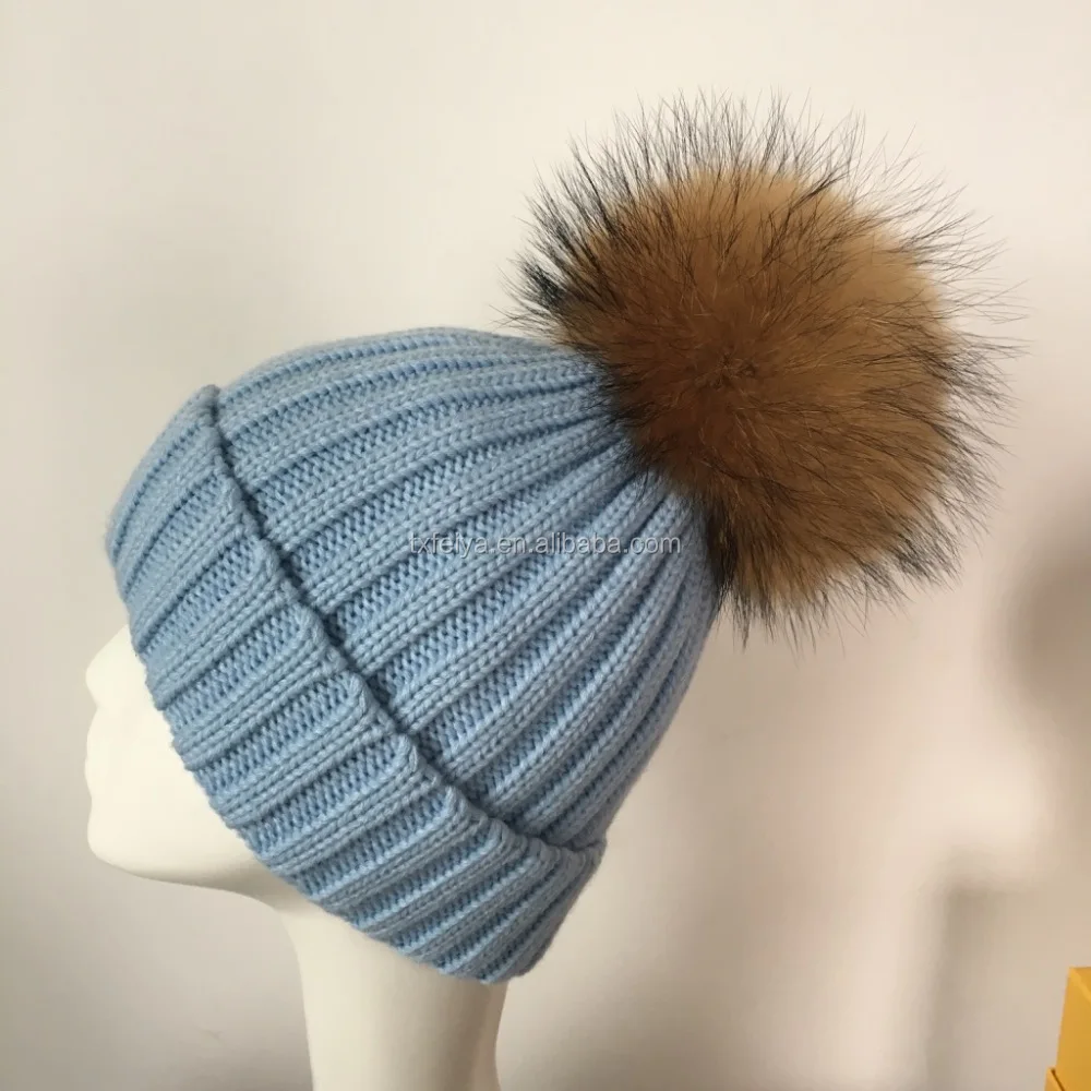 Winter Raccoon Fur Pompom Knit Hat for Women Fur Pom Pom Beanies Hats