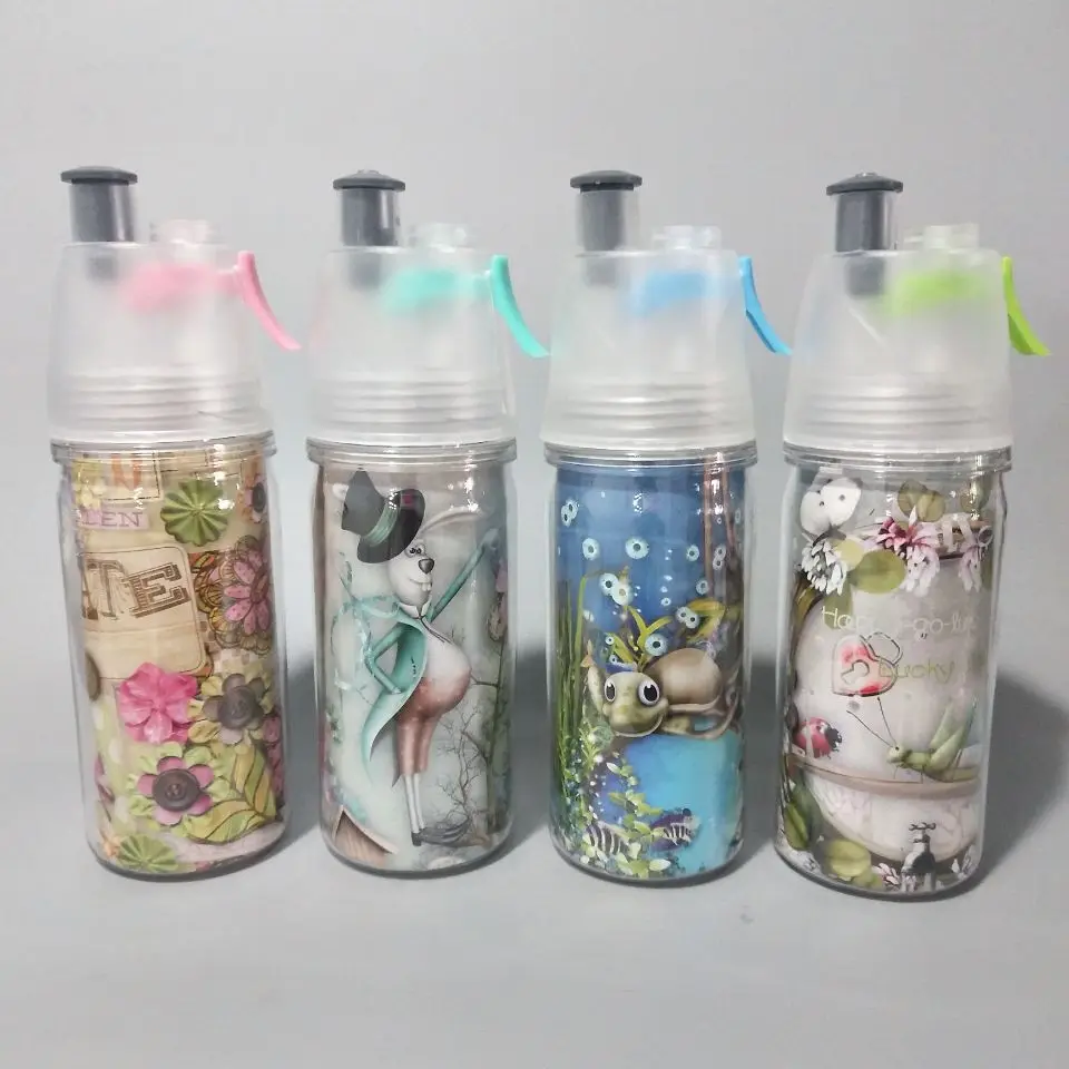Feiyou Flamingo unicorn mermaid pattern Promotional plastic mist spray drinking water bottle cool water bottle with straw