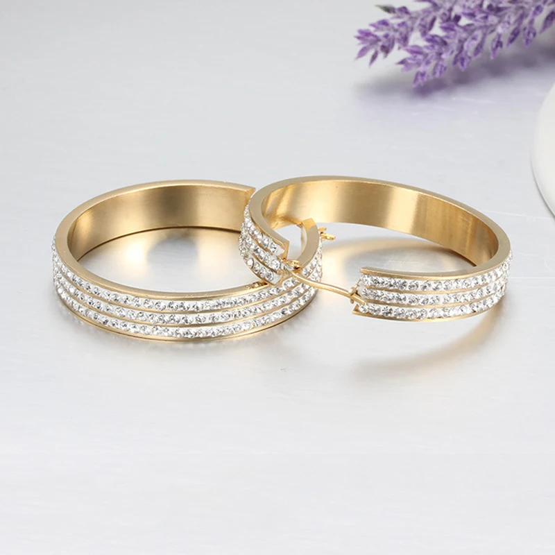 New Design High Quality Anti Allergy 3 Layers Full Crystal Micro Pave Gold Stainless Steel Big Circle Hoop Earrings For Women