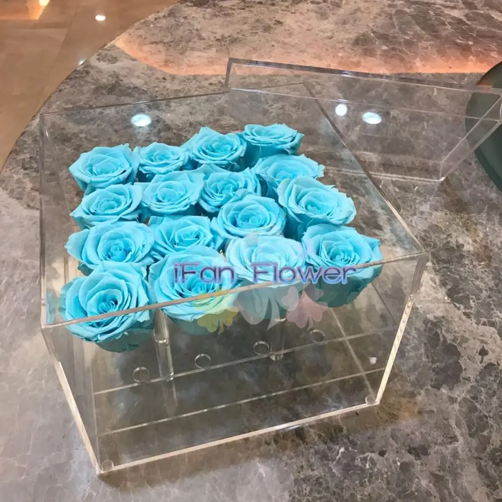 luxury preserved rose bud flower in tiffany blue color decoration china roses actylic boxes for wedding gift events