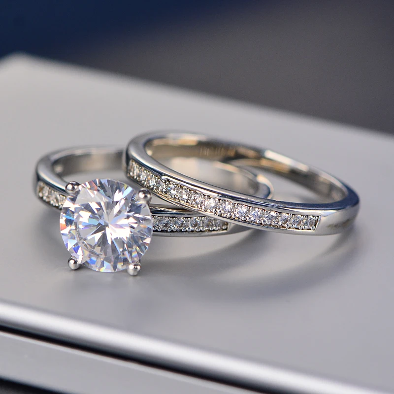 New Design 925 Sterling Sliver/Brass Couple Rings Sets with White CZ Jewelry for Women Gifts Size 6-9#