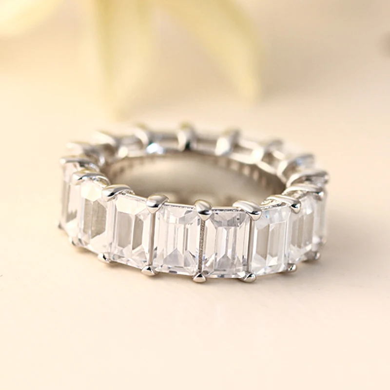 Sterling silver wedding rings big zircons Emerald Cut eternity band ring