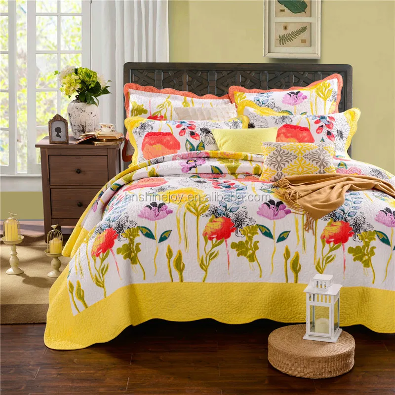 New style yellow flower counterpane Queen quilted polyester printed bedspread
