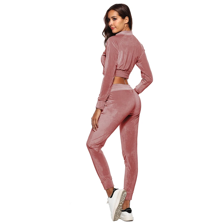 Custom Full Zipper Tracksuit Womens Pink Jogging Suit Velour Women Tracksuit Set