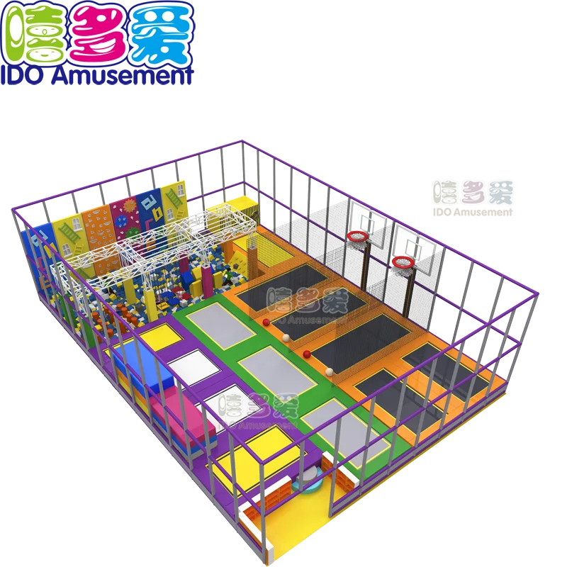 
Kids Jump Adventure Fitness Equipment Gymnastics Trampoline Park With Basketball Hoops Set 