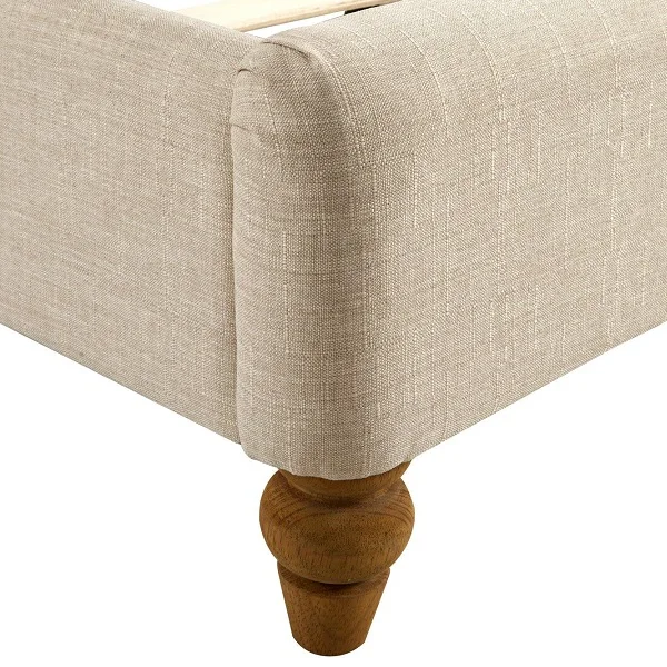 
deep buttoned sleigh headboard low foot end double size linene fabric upholstered bed 