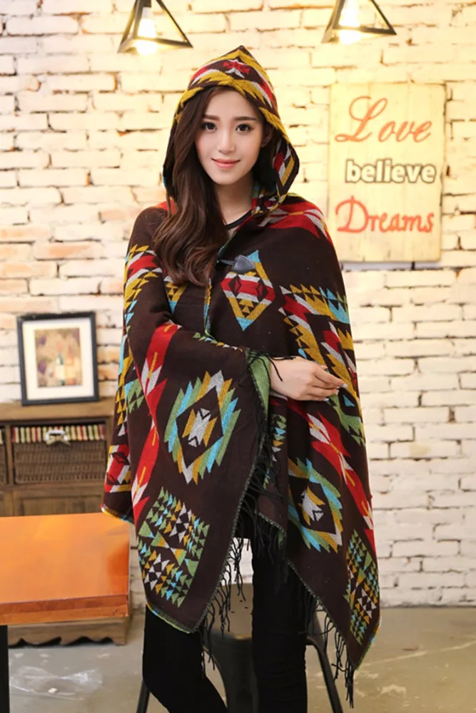 Women winter scarf cashmere Bohemian Hooded Coat Cape Poncho Shawl Scarf Tribal Fringe Hoodie Jacket capes