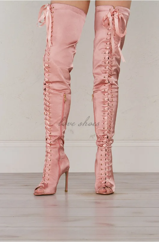 Sexy Lace up High Heels Ladies Over Knee Stiletto Sandals Shoes Women Sexy Satin Thigh High Boots