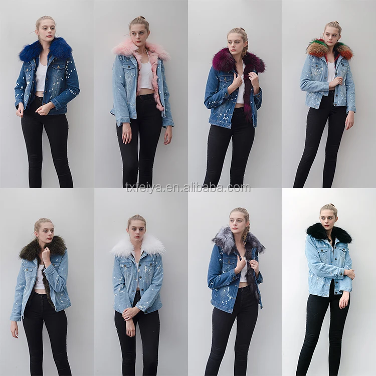 Best selling top fashion winter denim jacket with fur collar and silver fox fur liner