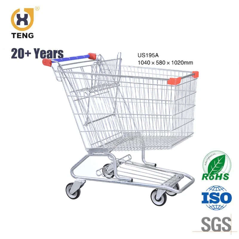 Supermarket Unfolding Metal Two Basket Cart With Wheels Shopping Trolley Cart