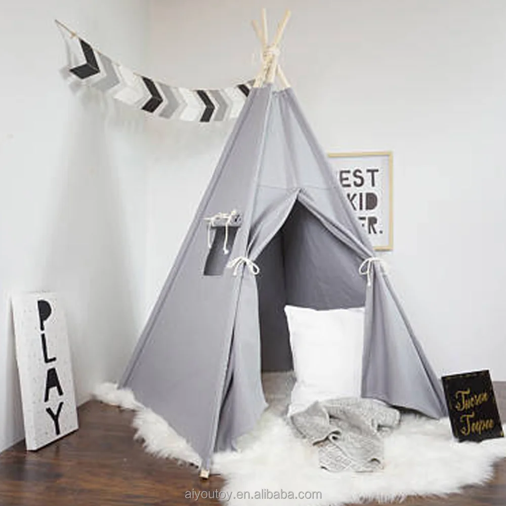 
AIYOU grey color 100% cotton canvas fabric wholesale indoor kids play teepee 