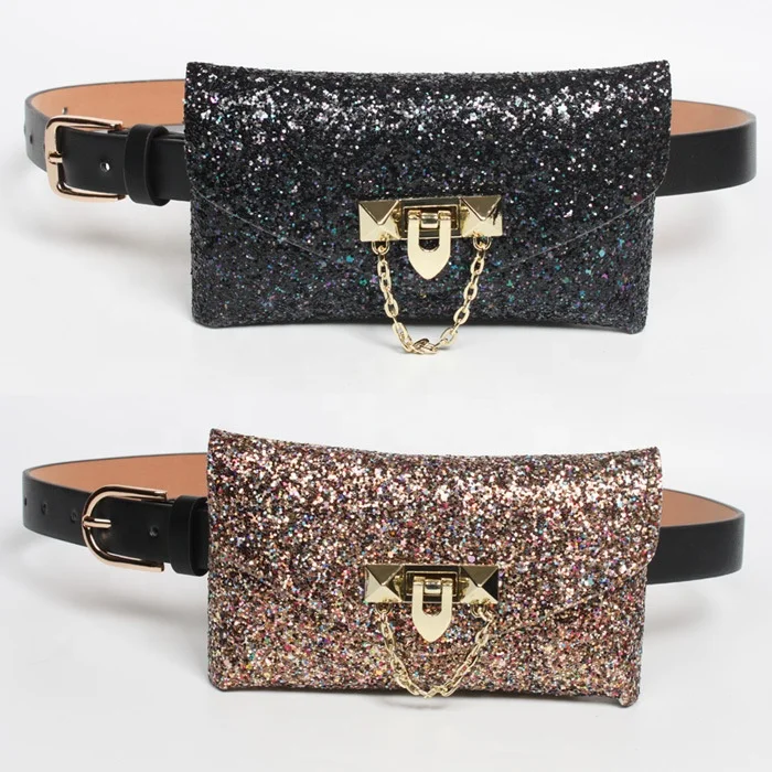 
wholesale Ladies glitter belt glitter pockets on thin belts glitter mobile phone belt women bag 