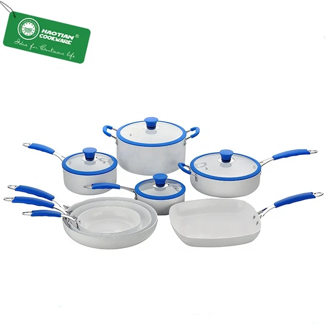 12 PCS Aluminum White Ceramic Non Stick Kitchen With Silicone Lid Cookware Set