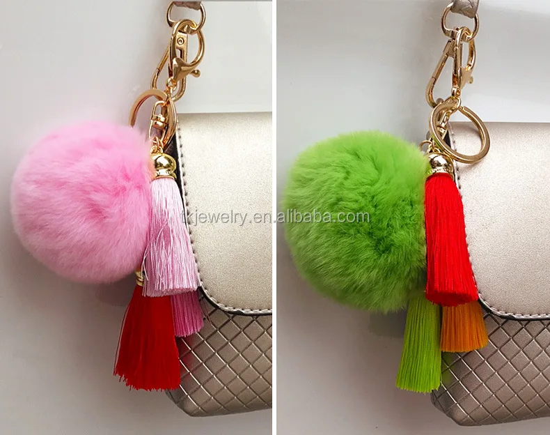 Stock Wholesale Colorful Korea Tassel Key chain With fur ball Pom Pom Key rings for lady