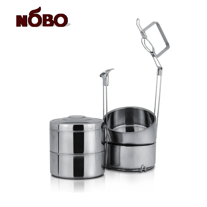 Hottest 2/3/4 Layer Portable Metal Folding Lunchbox Carrier Stainless Steel Indian Tiffin Box with Side Clips Carrier