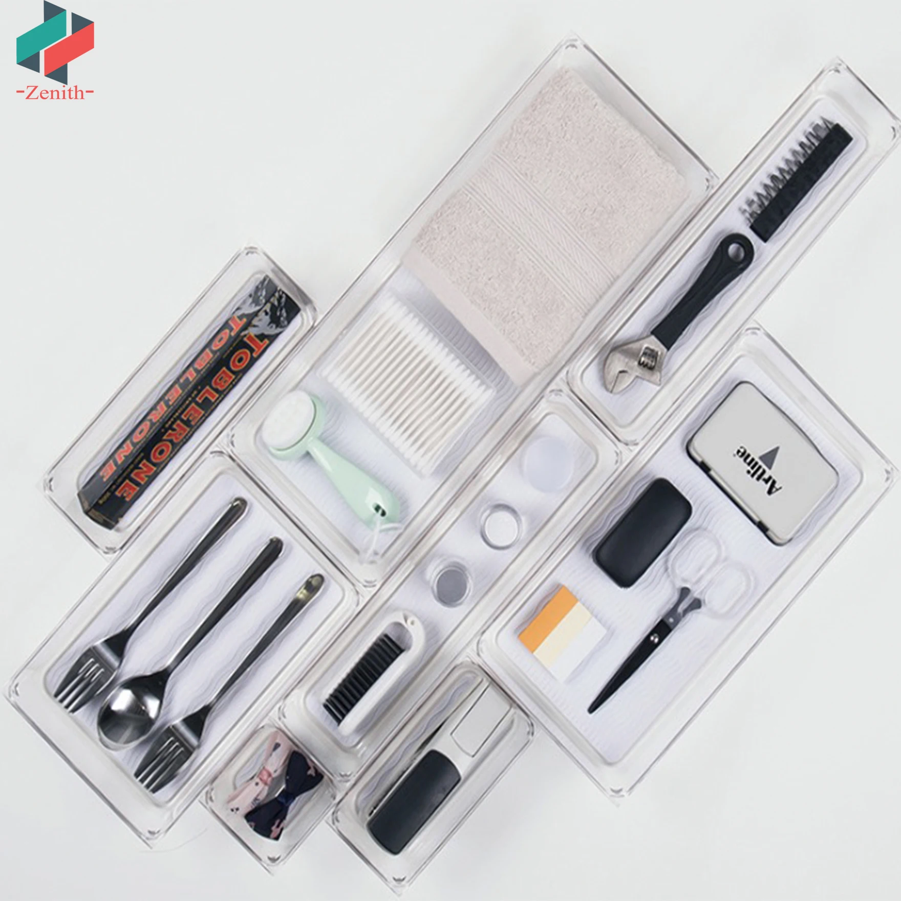 
ZNF00047 Customized Clear Small Plastic Cabinet Closet Office Suppliers Organizer Kitchen Drawer Cutlery Tray for Utensils 