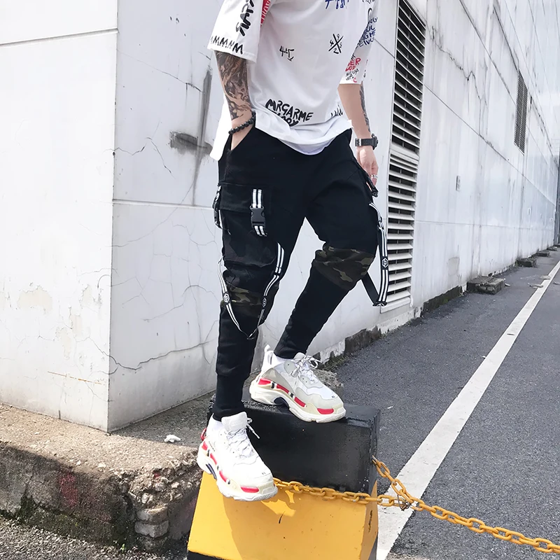 Wholesale Fashion New Streetwear Mens Camouflage Patchwork Slim Cotton Multi-pocket Jogger Trousers With Tapes