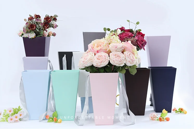 Fresh Flower Square Rose Decorative Tall Packing Square Cone Packaging Bag With Twist Ribbon Handle