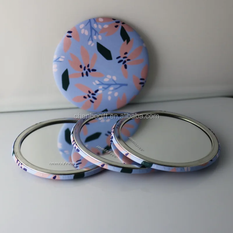 personalized beautiful print tinplate round pocket mirror , printed 1 color logo girl makeup mirror