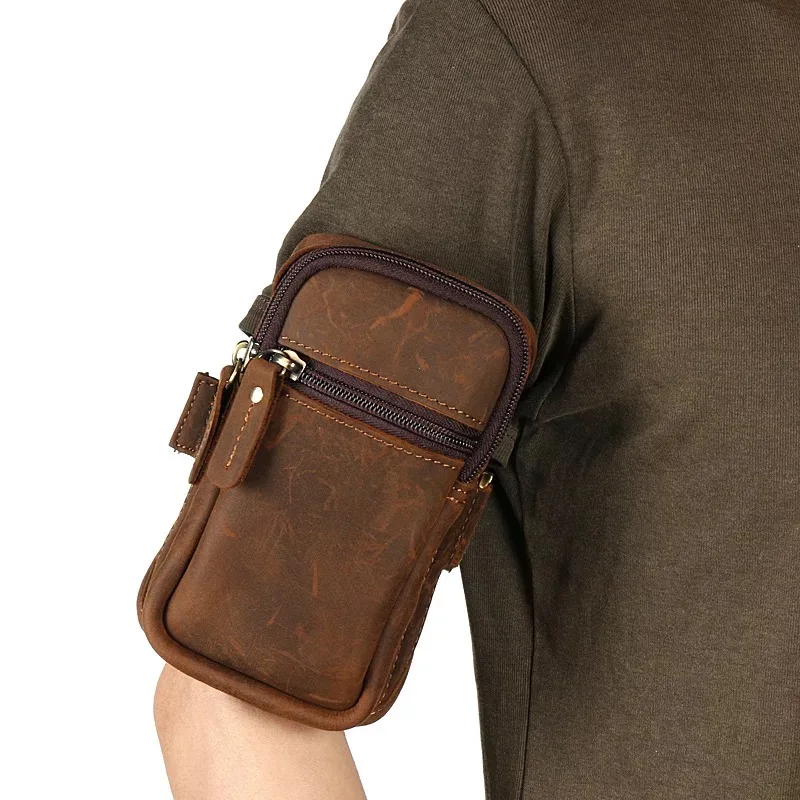 Crazy horse cow leather sport mobile phone wallet arm bag