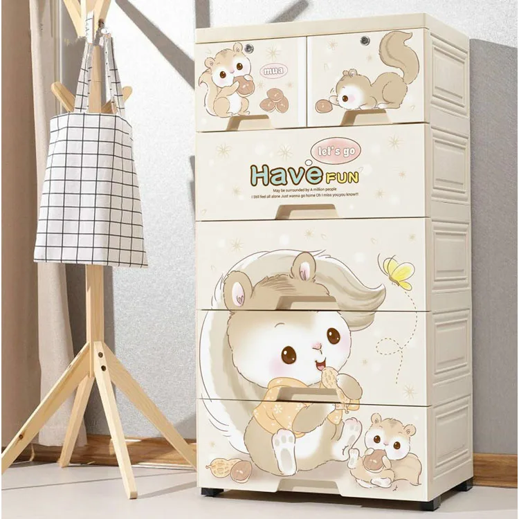 squirrel design kids clothes plastic drawer storage 5 layer cupbard with locks