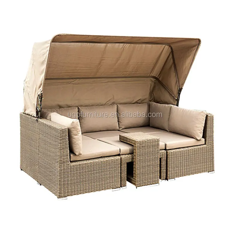 Luxury hotel outdoor leisure furniture garden lounge suite rattan sofa with awning