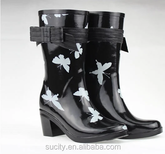 butterfly wedge heel womens rubber rain boots with strap