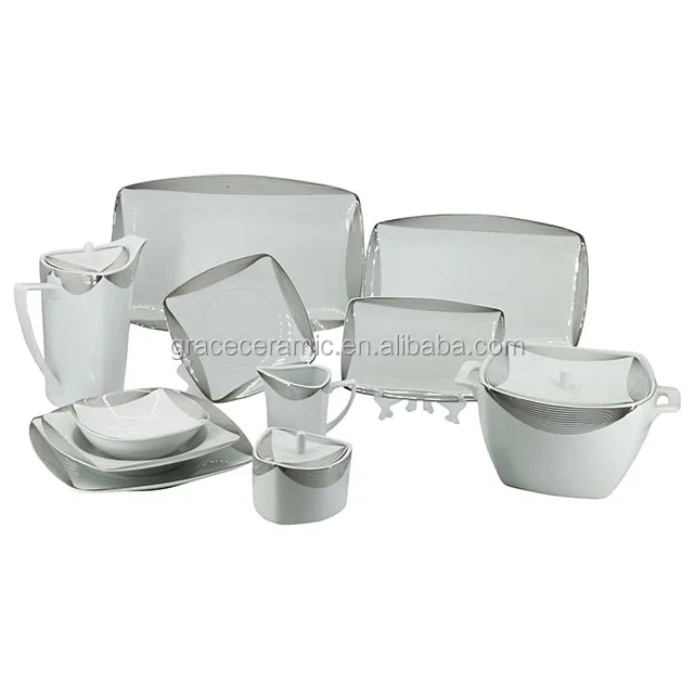 66 PCS Royal Western Fine Porcelain Bone china Modern Restaurants Dinnerware With Silver Rim