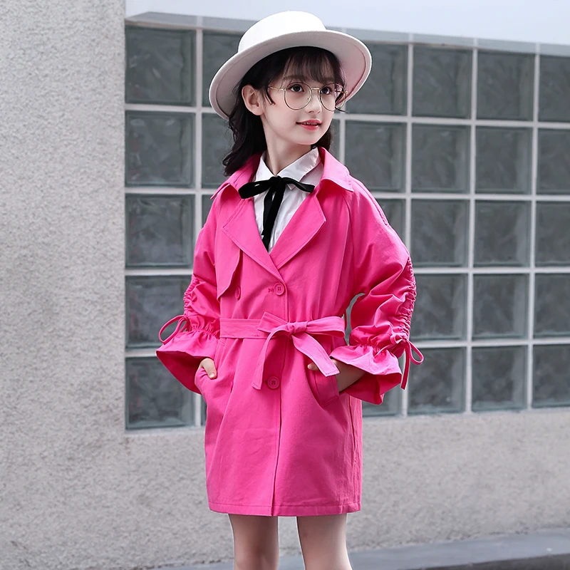 
New products girls cotton fabric puff sleeve belt princess dust coat overcoat 