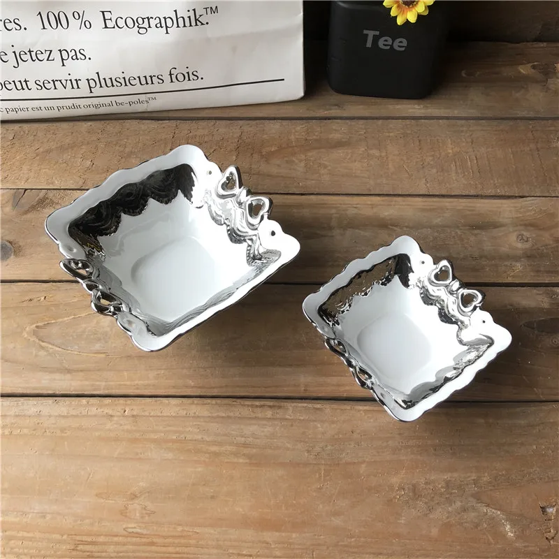 hight quality square shape electroplate silver ceramic fruit bowl from chaozhou
